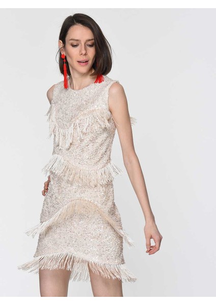 Püskül Detaylı Mini Elbise Krem Y1911502_047