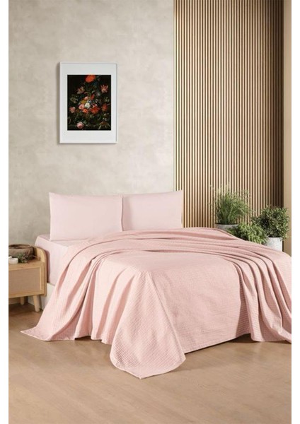 Kristal Bamboo Lastikli Çarşaflı Çift Kişilik Pike Takımı Pudra