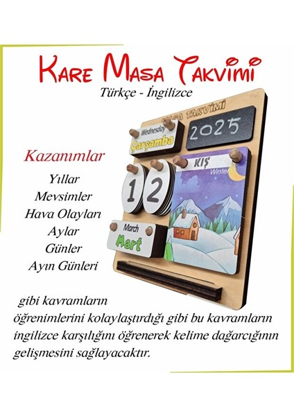 Ahşap Kare Masa Takvimi Türkçe Ingilizce Öğrenimi modelleri