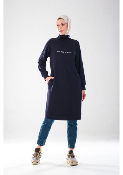 2290_KADIN Tesettür Spor Tunik Elbise - Reflektör Baskılı, Dik Yakalı Fermuarlı, Cepli, Yumuşak Doku