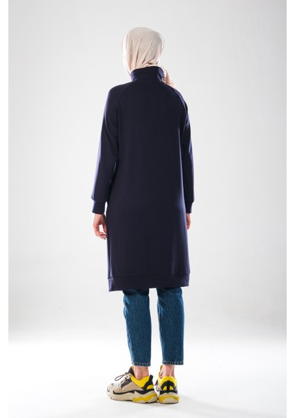 2290_KADIN Tesettür Spor Tunik Elbise - Reflektör Baskılı, Dik Yakalı Fermuarlı, Cepli, Yumuşak Doku