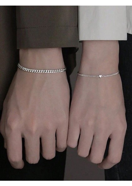 2'li Gümüş Renk Zincirli Erkek ve Kadın Bileklik Seti
