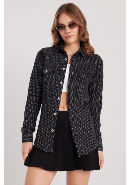 Kadın Slim Fit Dar Kesim Uzun Kollu Çizgili Çift Cepli Kışlık Oduncu Gömlek