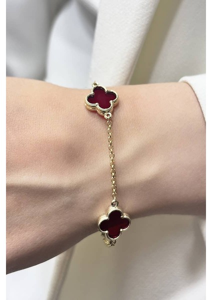 14 Ayar Altın Büyük Bordo Taşlı Yonca Bileklik fiyatları