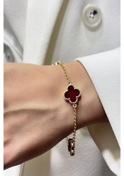 14 Ayar Altın Büyük Bordo Taşlı Yonca Bileklik modelleri