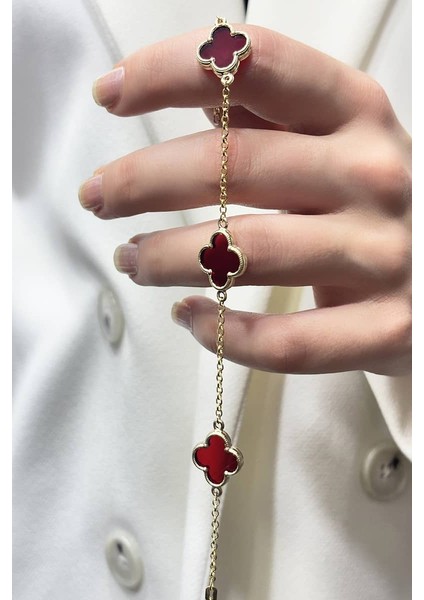 14 Ayar Altın Büyük Bordo Taşlı Yonca Bileklik fırsatları