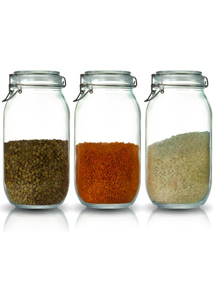 3'lü Korken Kavanoz 2000 ml Vakumlu Kilitli Cam Saklama Kavanozu