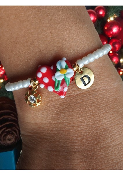 Yılbaşı Kalp Murano, Zirkon Kar Tanesi ve Harf Detaylı Bileklik