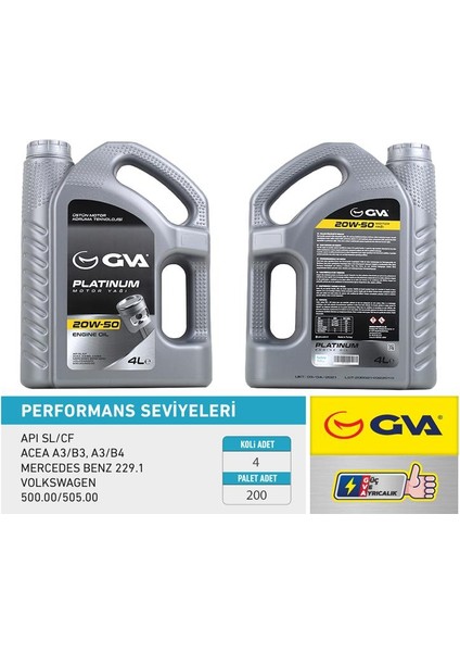 MOTOR YAĞI 20W50 4 LT PLATINUM MİNERAL API SL/CF 20W50 (4 ADET)