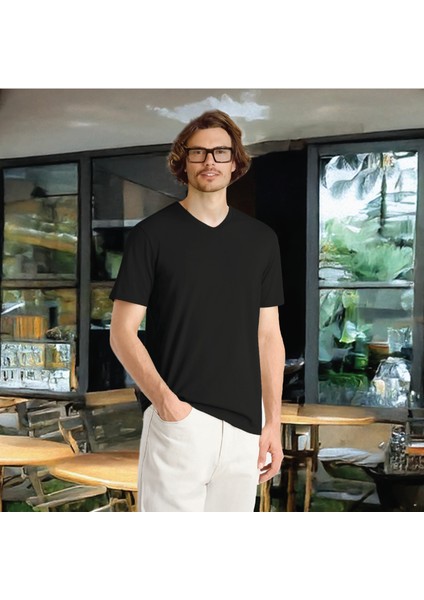 Regular V Yaka Likralı Kısa Kollu Siyah Tişört