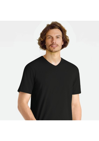Regular V Yaka Likralı Kısa Kollu Siyah Tişört fiyatları