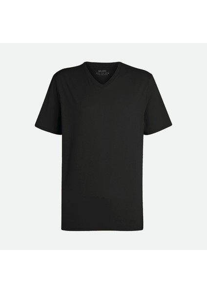 Regular V Yaka Likralı Kısa Kollu Siyah Tişört fırsatları