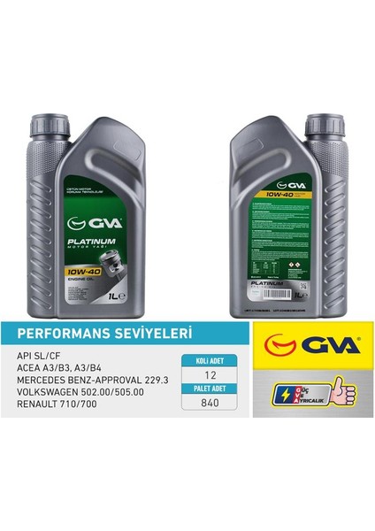 MOTOR YAĞI 10W40 1 LT PLATINUM YARI SENTETİK API SL/CF 10W40 (12 ADET)