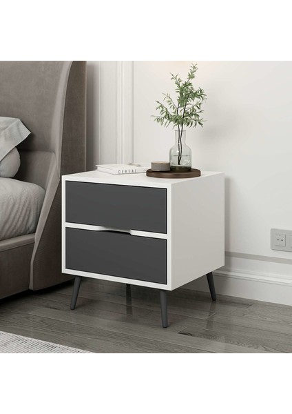 Elina Ayaklı 2 Çekmeceli Komodin - Beyaz/antrasit
