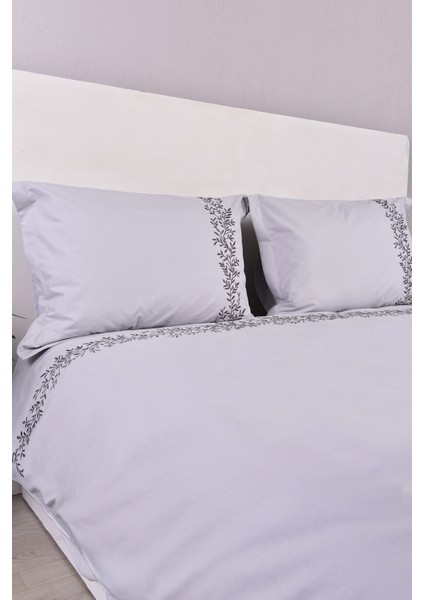 Yaprak Işlemeli Çift Kişilik Nevresim Takımı Gri %100 Pamuk