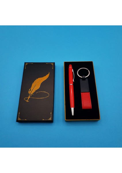 Kalem Tükenmez Touchpen ve Deri Anahtarlık Kırmızı ve Kutulu