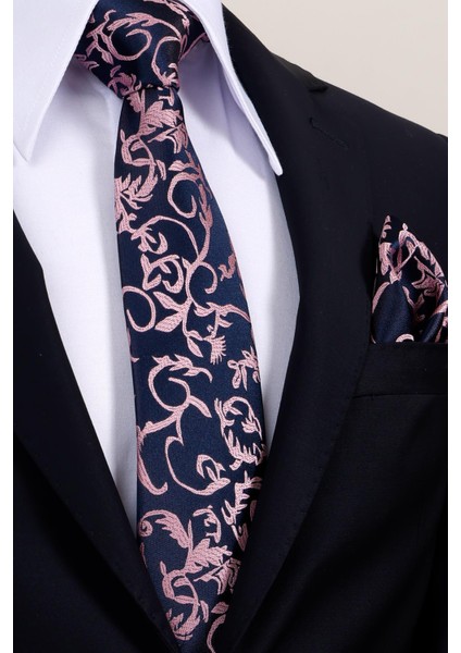 8 cm Lacivert Pembe Desenli Hand Made Klasik Geniş Mendilli Kravat