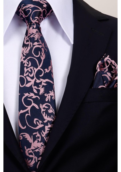 8 cm Lacivert Pembe Desenli Hand Made Klasik Geniş Mendilli Kravat modelleri