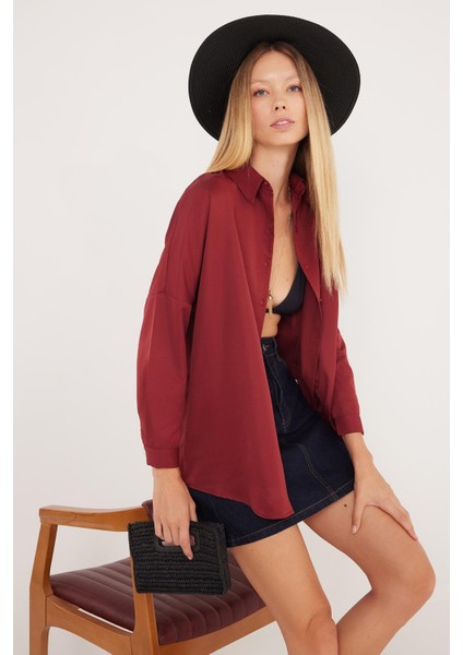 Kadın Oversize Rahat Kesim Spor Yaka Uzun Kollu Basic Düz Bordo Gömlek fiyatları