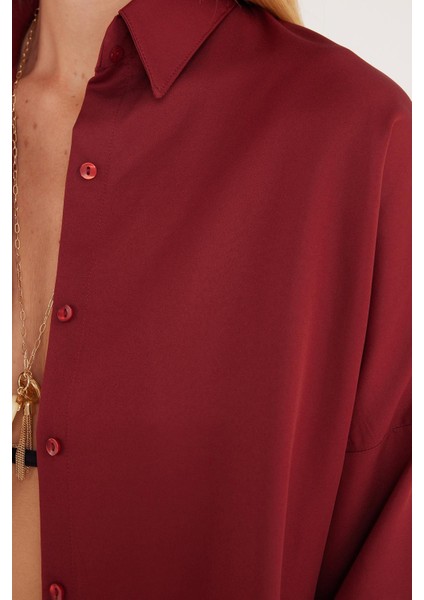 Kadın Oversize Rahat Kesim Spor Yaka Uzun Kollu Basic Düz Bordo Gömlek modelleri