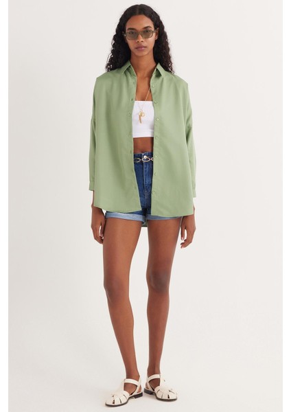 Kadın Oversize Rahat Kesim Spor Yaka Uzun Kollu Basic Düz Mint Gömlek indirimleri