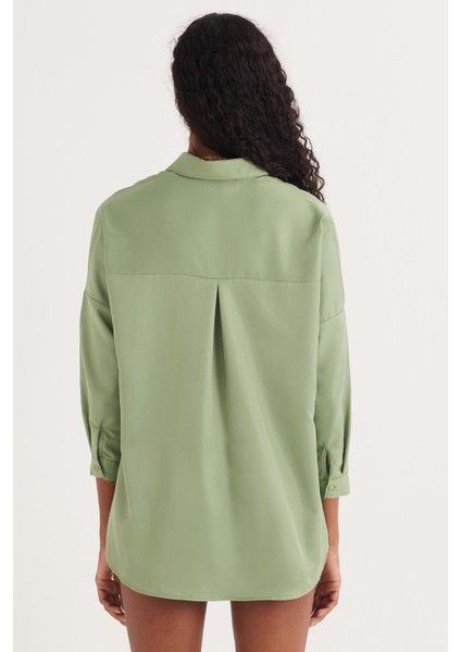 Kadın Oversize Rahat Kesim Spor Yaka Uzun Kollu Basic Düz Mint Gömlek