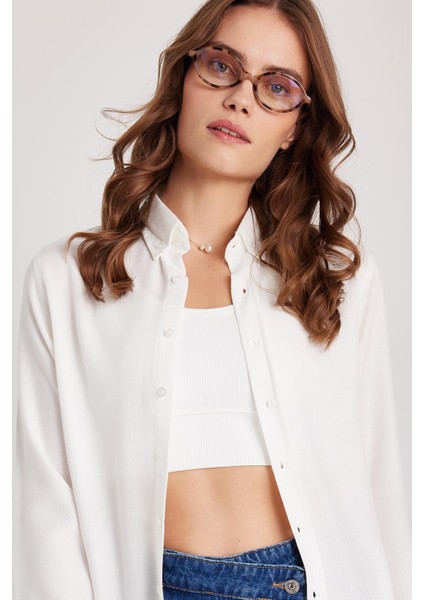 Kadın Slim Fit Düğmeli Yaka Kışlık Yün Viskon Düz Beyaz Gömlek fiyatları