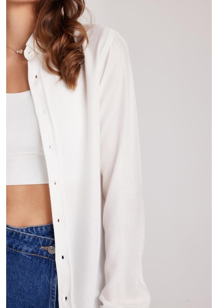 Kadın Slim Fit Düğmeli Yaka Kışlık Yün Viskon Düz Beyaz Gömlek modelleri