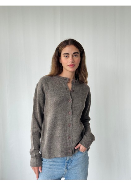 Önden Düğmeli Basic Hırka Kadın Vizon