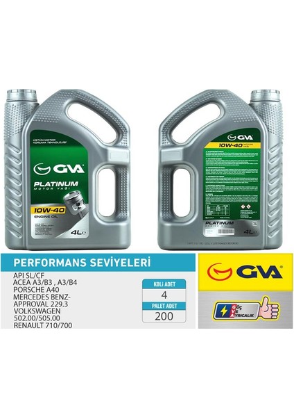 MOTOR YAĞI 10W40 4 LT PLATINUM YARI SENTETİK API SL/CF 10W40 PO1114961 510000013 (4 ADET)