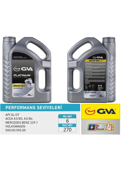 MOTOR YAĞI 20W50 3 LT PLATINUM MİNERAL API SL/CF 20W50 (6 ADET)