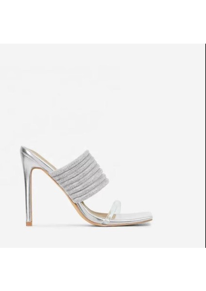 Parıldayan Yapay Elmas Terlikler , Gümüş Rengi Abiye Terlik , Ince Topuklu Abiye Terlik