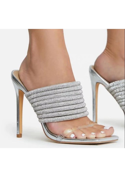 Parıldayan Yapay Elmas Terlikler , Gümüş Rengi Abiye Terlik , Ince Topuklu Abiye Terlik