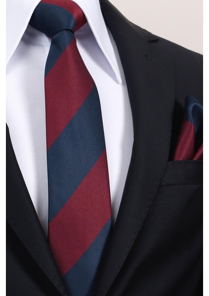 8 cm Bordo Lacivert Parçalı Desen Hand Made Klasik Geniş Mendilli Kravat