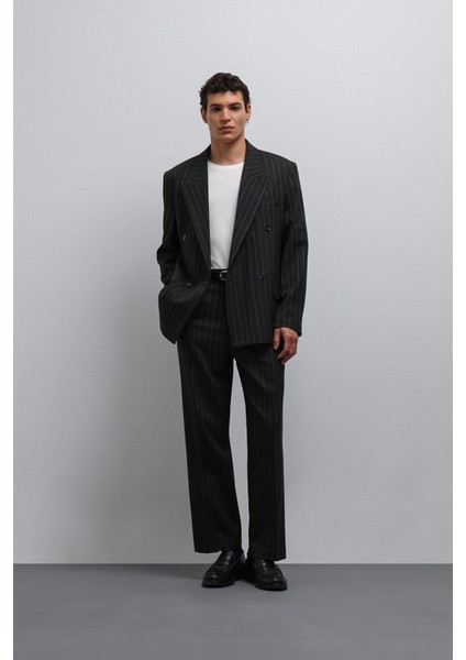 Siyah Relax Fit Çizgili Erkek Pantolon