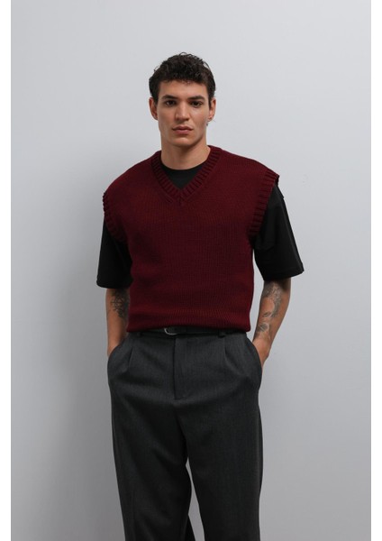 Bordo Örgü Erkek Triko Yelek