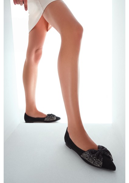 Kadın Siyah Taşlı Süet Deri Babet 25WFD490710