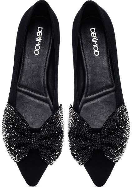 Kadın Siyah Taşlı Süet Deri Babet 25WFD490710