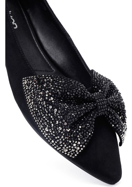 Kadın Siyah Taşlı Süet Deri Babet 25WFD490710