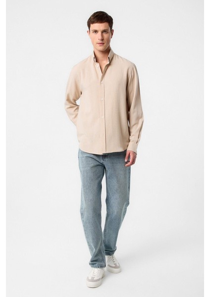 Taş Keten Karışımlı Yaka Düğmeli Erkek Gömlek fiyatları
