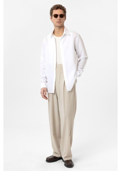 Ekru Relax Fit Modal Kumaş Erkek Gömlek modelleri