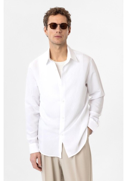 Beyaz Relax Fit Modal Kumaş Erkek Gömlek