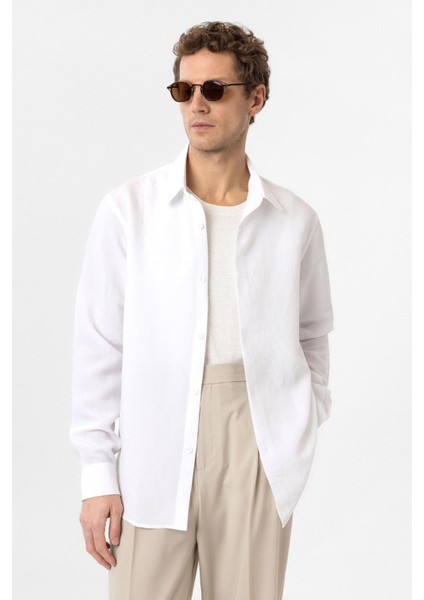 Beyaz Relax Fit Modal Kumaş Erkek Gömlek fiyatları
