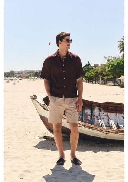 Kahve 100% Keten Relaxed Erkek Gömlek fiyatları