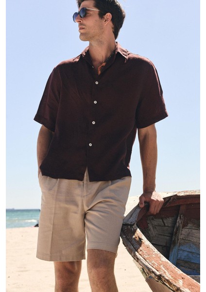 Kahve 100% Keten Relaxed Erkek Gömlek modelleri