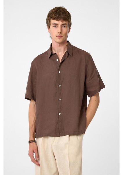 Kahve 100% Keten Relaxed Erkek Gömlek fırsatları