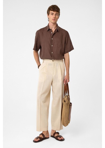 Kahve 100% Keten Relaxed Erkek Gömlek indirimleri