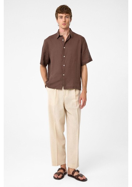 Kahve 100% Keten Relaxed Erkek Gömlek