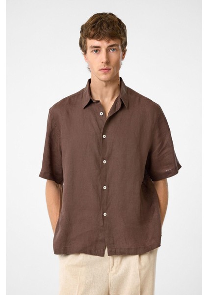 Kahve 100% Keten Relaxed Erkek Gömlek