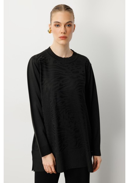 Kendinden Desenli Triko Tunik-Siyah